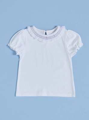 Polera Lisa con Vuelitos y Cuello Bordado Bicolor