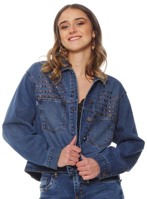 Chaqueta Denim Oversize Cuello Camisero Aplicación Strass
