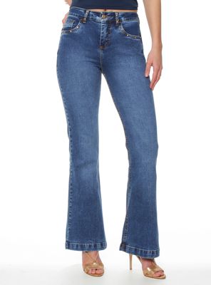 Jeans Flare Tiro Alto Pretina Básica Strass J34