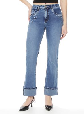 Jeans Recto Tiro Alto Aplicación Bordado y Stras