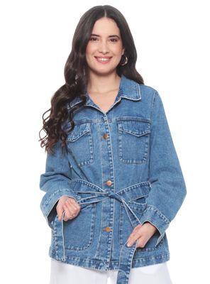 Chaqueta Denim Abotonada con Lazo en Cintura