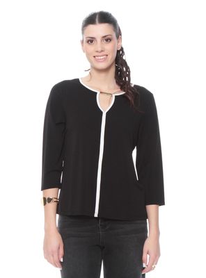 Polera Manga Larga Sólida con Escote V y Aplicación