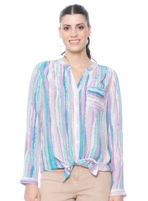 Blusa Listada Manga Larga Cintura Anudada Cuello Mao