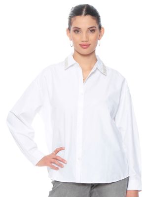 Blusa Abotonada en Delantero y Aplicación en Cuello