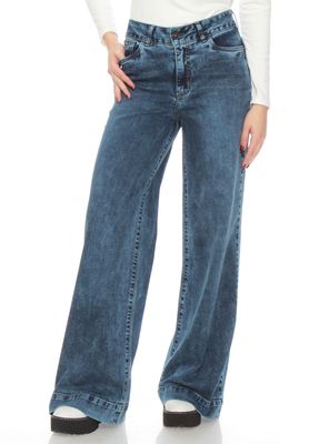 Jeans Wide Leg Tiro Alto Pretina Básica 1 Botón Push Up