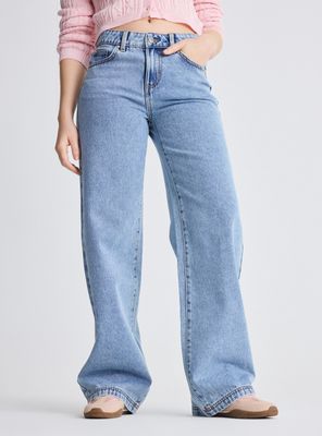 Jeans Wide Leg Color Tiro Alto Cierre y Botón