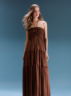 Vestido Largo Strapless Top Fruncido Colección María Guldman