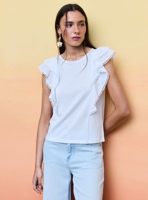Blusa Escote Redondo con Vuelos y Broderie