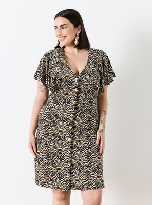 Vestido Animal Print y Abertura Frontal con Botones