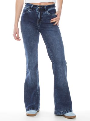 Jeans Flare Tiro Alto Push Up Bordado Botón Cierre