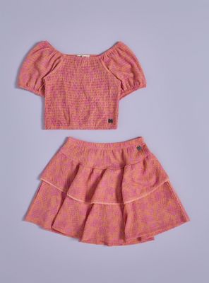 Conjunto Polera Panal Manga Globo y Falda Vuelos