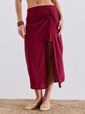 Falda Look Lino Tipo Pareo con Argolla de Madera