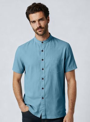 Camisa Cuello Mao Lino Manga Corta Vintage