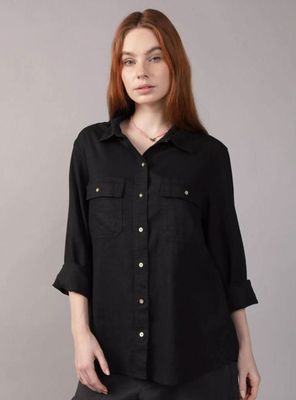 Camisa de Mezcla de Lino con Botones Estilo Fin de Semana