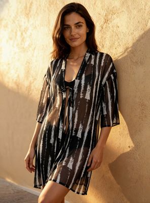 Kimono Semitransparente Detalle Lazo y Diseño Rayas