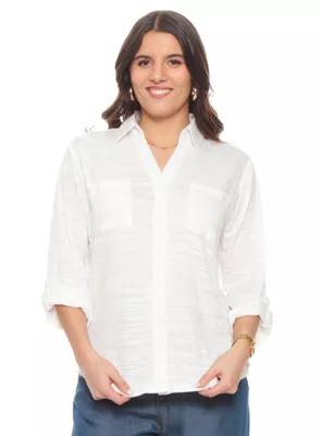 Blusa Manga Larga Sólido Escote V Abotonada Delantero