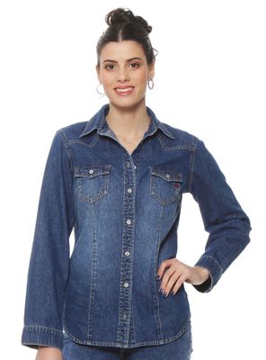 Blusa Manga Larga Denim Bolsillo Tapeta Abrochada