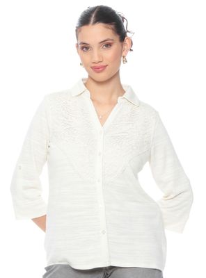 Blusa Manga 3/4 Sólida con Encaje y Escote