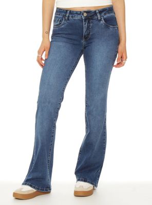 Jeans Flare Tiro Bajo Pretina Básica 1Botón Bolsillos Ojal