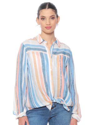 Blusa Listada Abotonada en Delantero Raya Color