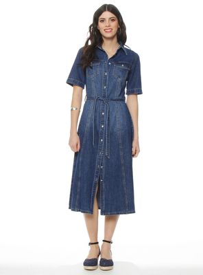 Vestido Manga Corta Denim Abotonado y Lazo en Cintura