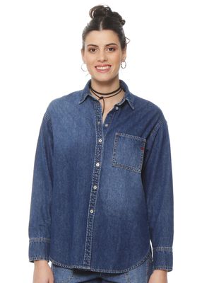 Blusa Denim Manga Larga Abotonada con Bolsillo
