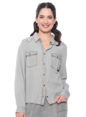 Blusa Manga Larga Lyocell Abotonada y Bolsillos