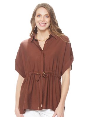 Blusa Safari Manga Corta con Cuello y Cintura Ajustada