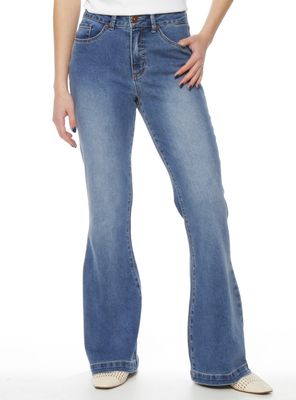 Jeans Flare Tiro Alto Pretina Básica 1 Botón P34