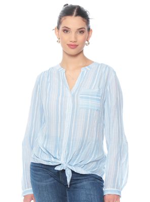 Blusa Manga Larga Listada Abotonada Nudo y Ruedo