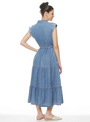 Imagen 2 del producto Vestido Denim Camisero de Manga Corta con Lazo