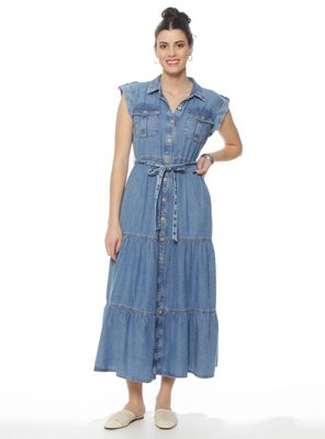 Vestido Denim Camisero de Manga Corta con Lazo