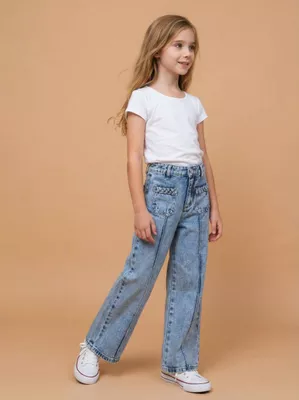 Jeans Wide Leg Bolsillo Aplicación con Trenzas