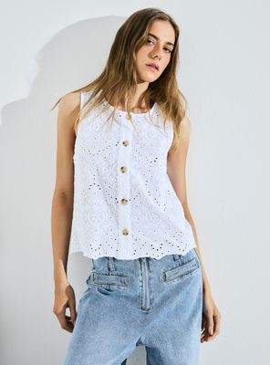 Blusa Broderie sin Mangas Abotonada