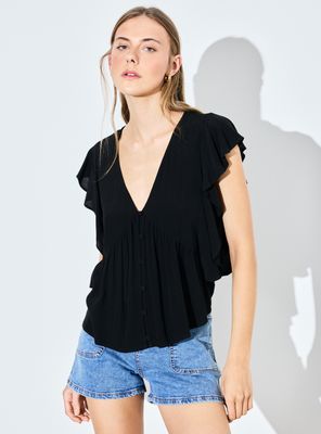 Blusa Fluida Escote V y Mangas Volantes