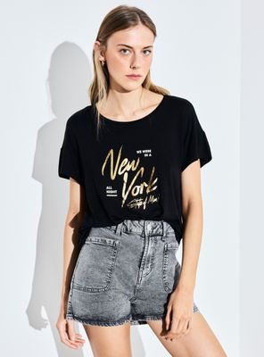 Polera Manga Corta Fluida Estampado Folia