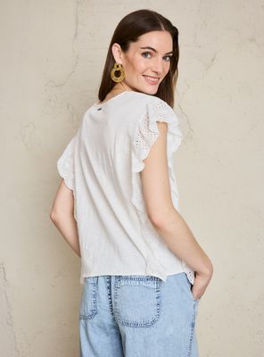 Imagen 2 del producto Polera Mezcla de Telas con Bordado Frontal y Vuelo