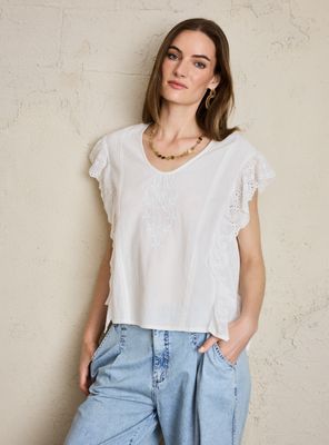 Polera Mezcla de Telas con Bordado Frontal y Vuelo