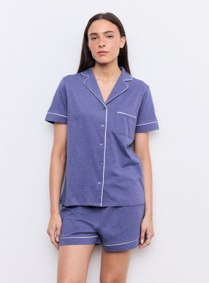 Pijama Camisero Liso con Detalle en Contraste