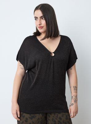 Polera Tejida Escote V con Anillo Metálico