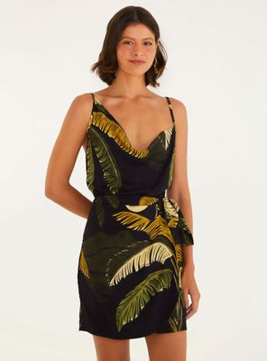 Vestido Corto con Escote Asimétrico Detalle Diseño Palmeras