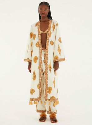 Kimono Largo Diseño Caracoles de Mar y Pompones