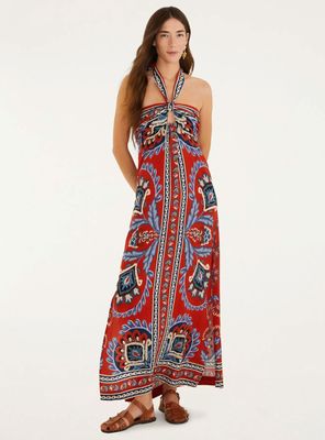 Vestido Midi Escote con Amarra Diseño Boho