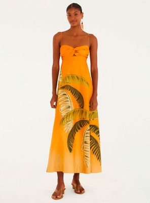 Vestido Midi Detalle Cruzado en Escote y Diseño de Palmeras