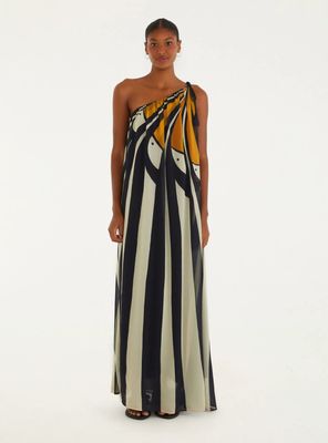 Vestido Largo Escote Asimétrico Diseño Tucanes