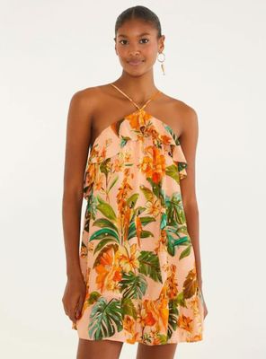 Vestido Corto Halter con Vuelo Diseño Tropical