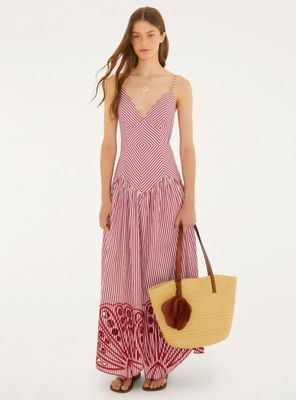 Vestido Largo Diseño de Rayas y Bordado Inferior