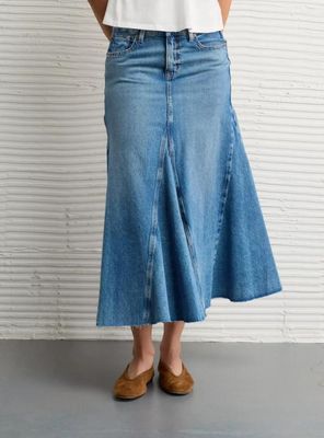 Falda Maxi Ae Low-Rise Denim con Retazos