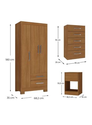 Imagen 2 del producto Combo Closet 3 Puertas + Cómoda 5 Cajones y Velador 1 Cajón Canela