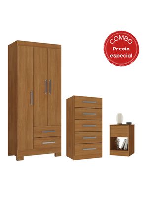 Combo Closet 3 Puertas + Cómoda 5 Cajones y Velador 1 Cajón Canela